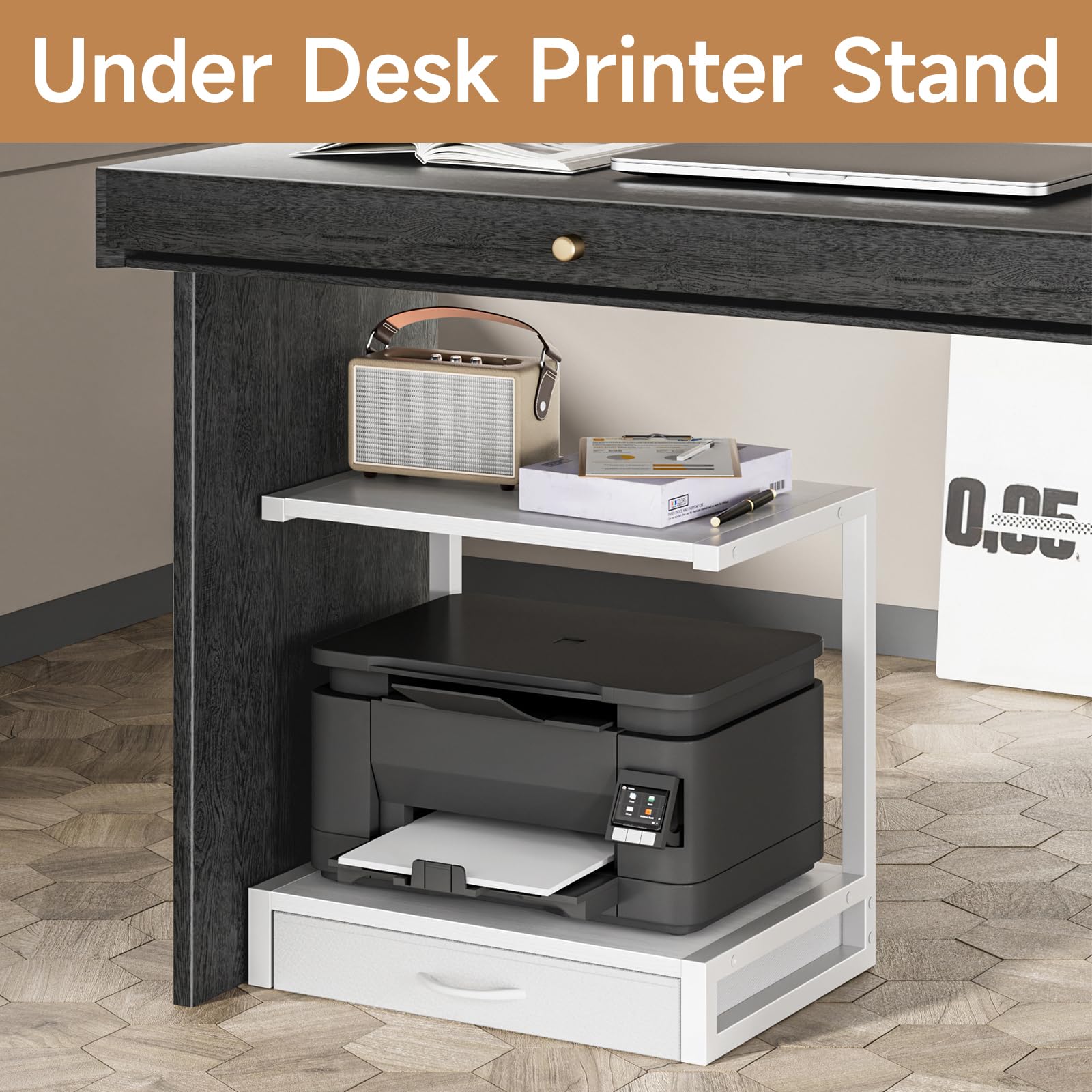 Soporte de impresora de escritorio de 2 niveles con cajón de tela, mesa Prtiner con estante de almacenamiento, organizador de escritorio para oficina en casa, impresora 3D, máquina de fax, 3