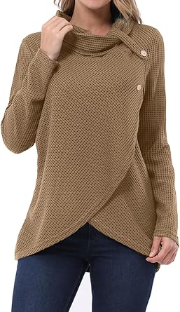 KILIG Womens 2023 Fall Cowl Neck Lightweight Sweaters Long Sleeve Button Tunic Tops Sweatshirts