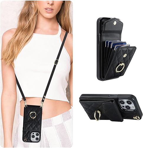 QLTYPRI Funda tipo cartera cruzada para iPhone 13 Pro Max, funda de piel sintética para teléfono con bloqueo RFID, ranuras para tarjetas, soporte