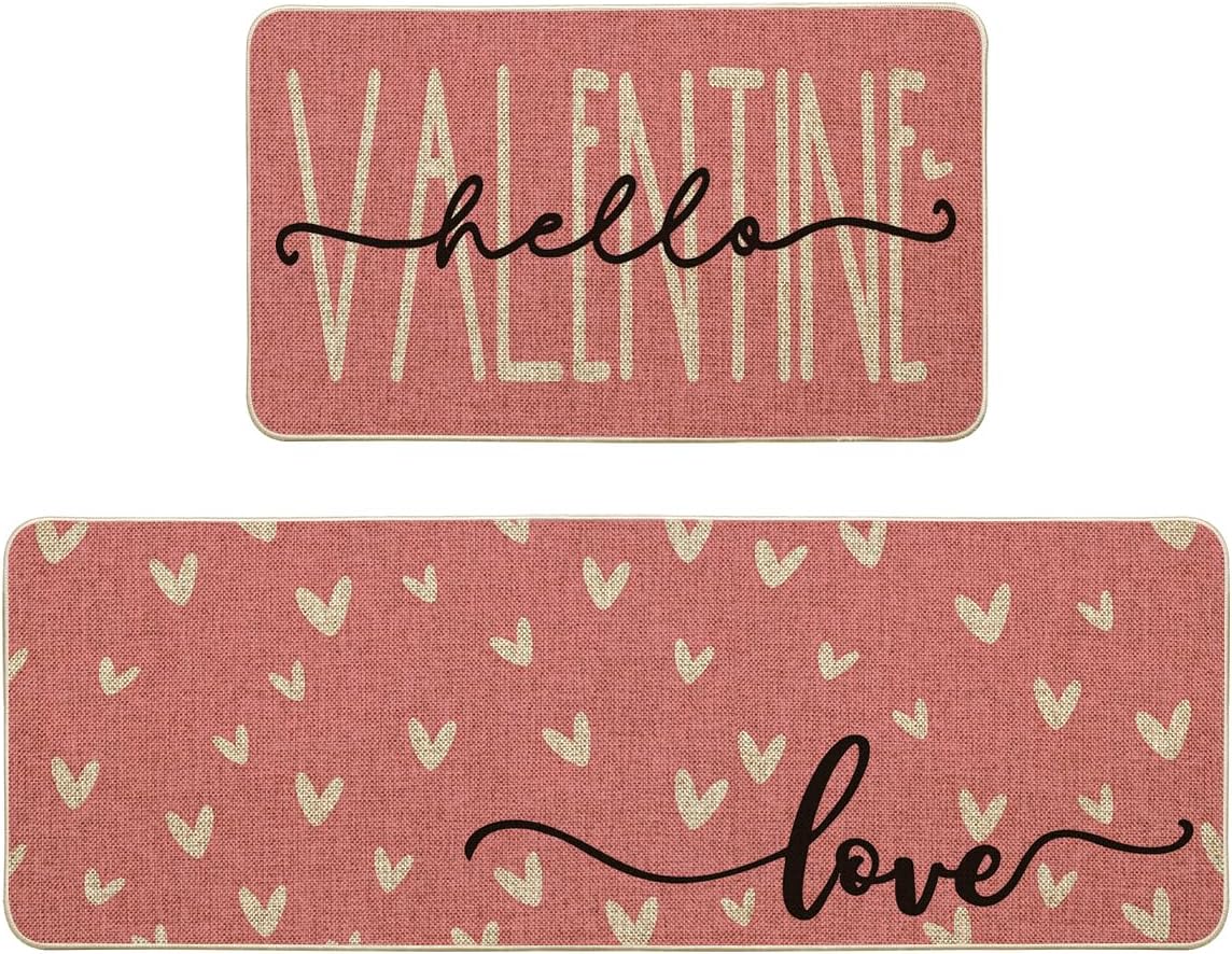 Artoid Mode Pink Love Heart Hello Valentine's Kitchen Mats Set of 2, Home Decor Low-Profile Kitchen Rugs for Floor - 17x29 and 17x47 Inch