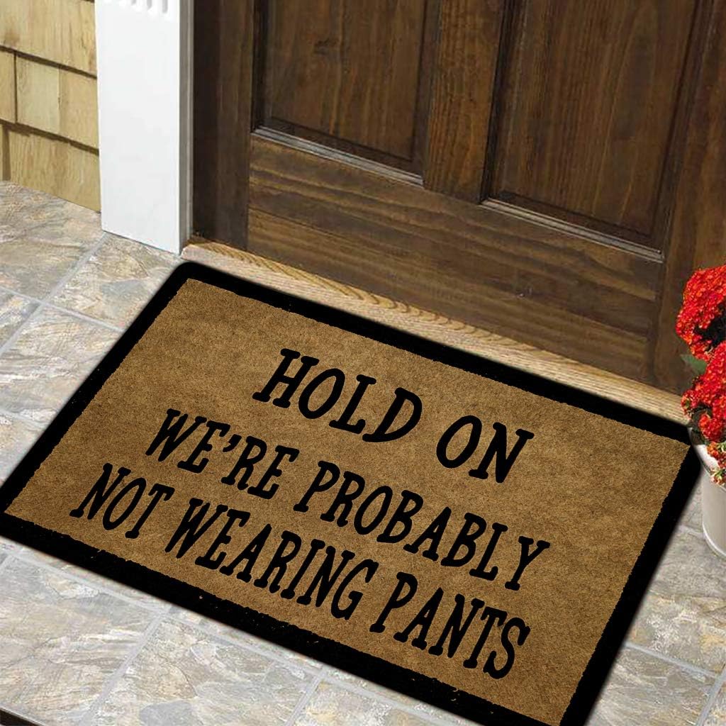 Funny Door Mat Non-Slip Rubber Back Entry Way Doormat Hold On We're Probably Not Wearing Pants | Standard Outdoor Welcome Mat | Patio Indoor kitchen Decorative Machine Washable 23.5 X 15.7 Inch