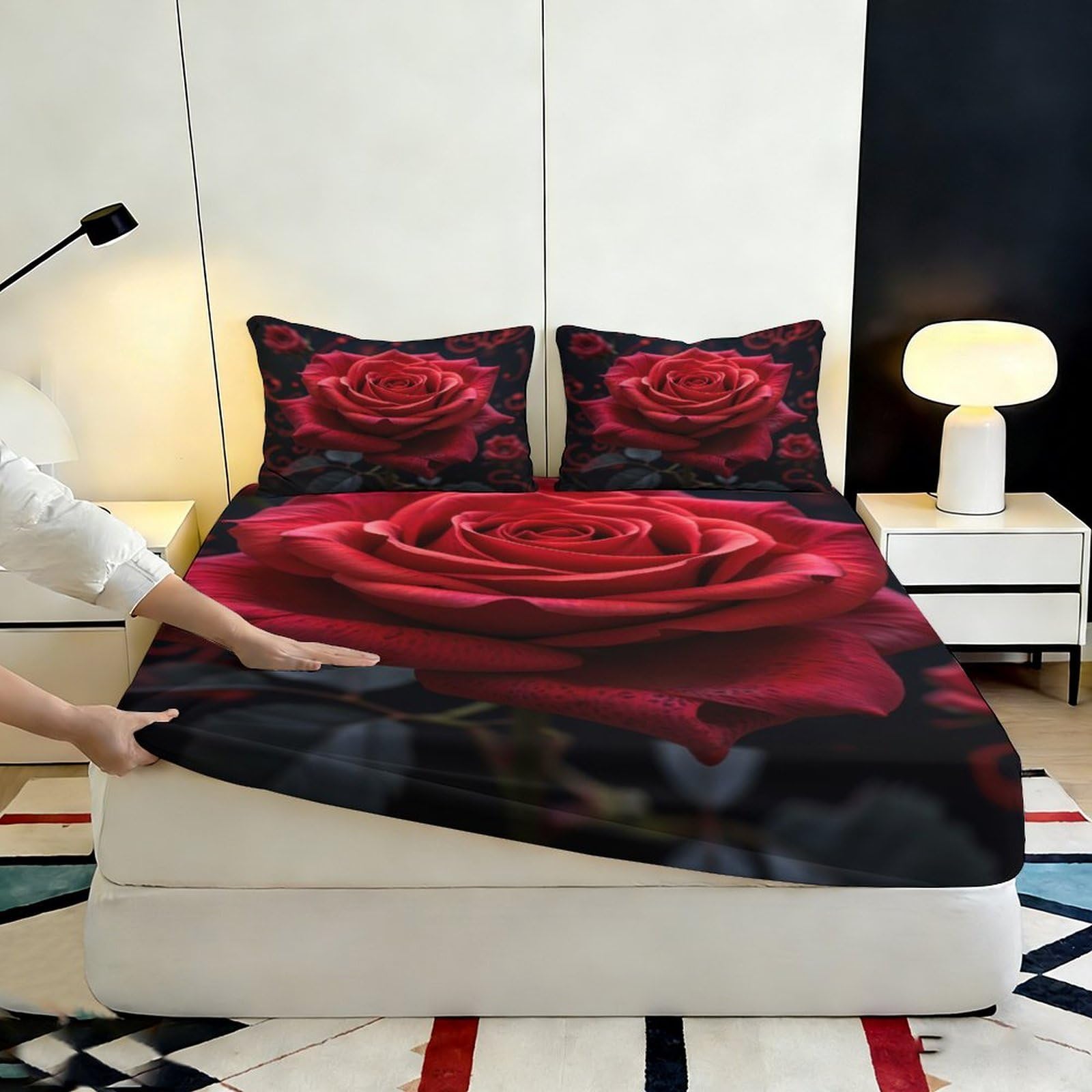 Lenzuolo con angoli con stampa 3D di rose, in microfibra, antiscivolo, decorazione per la casa | morbido, protezione per materasso, facile da pulire, per tutto l'anno, traspirante, lavabile, 160 x 200 x 25 cm