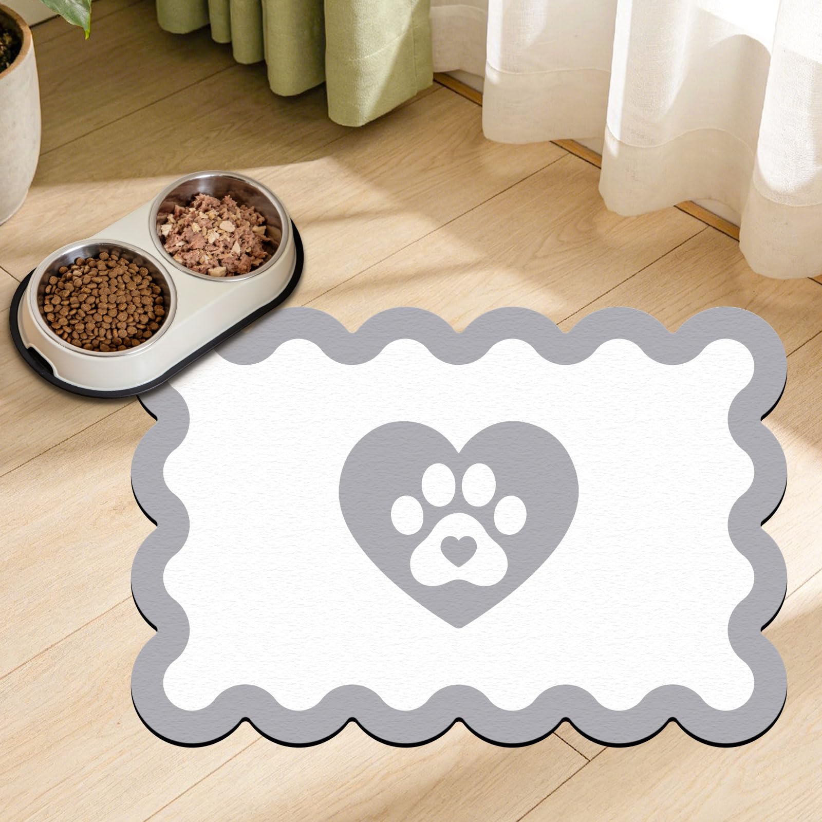 GLOBLELAND Dog Paw Pet Food Mat for Floors 23.6x15.7 inch Wavy Paw Prints Feeding Mats Non-Slip Floors Mat Absorbent Pet Placemats for Cats Dogs Bowl and Water Dispenser