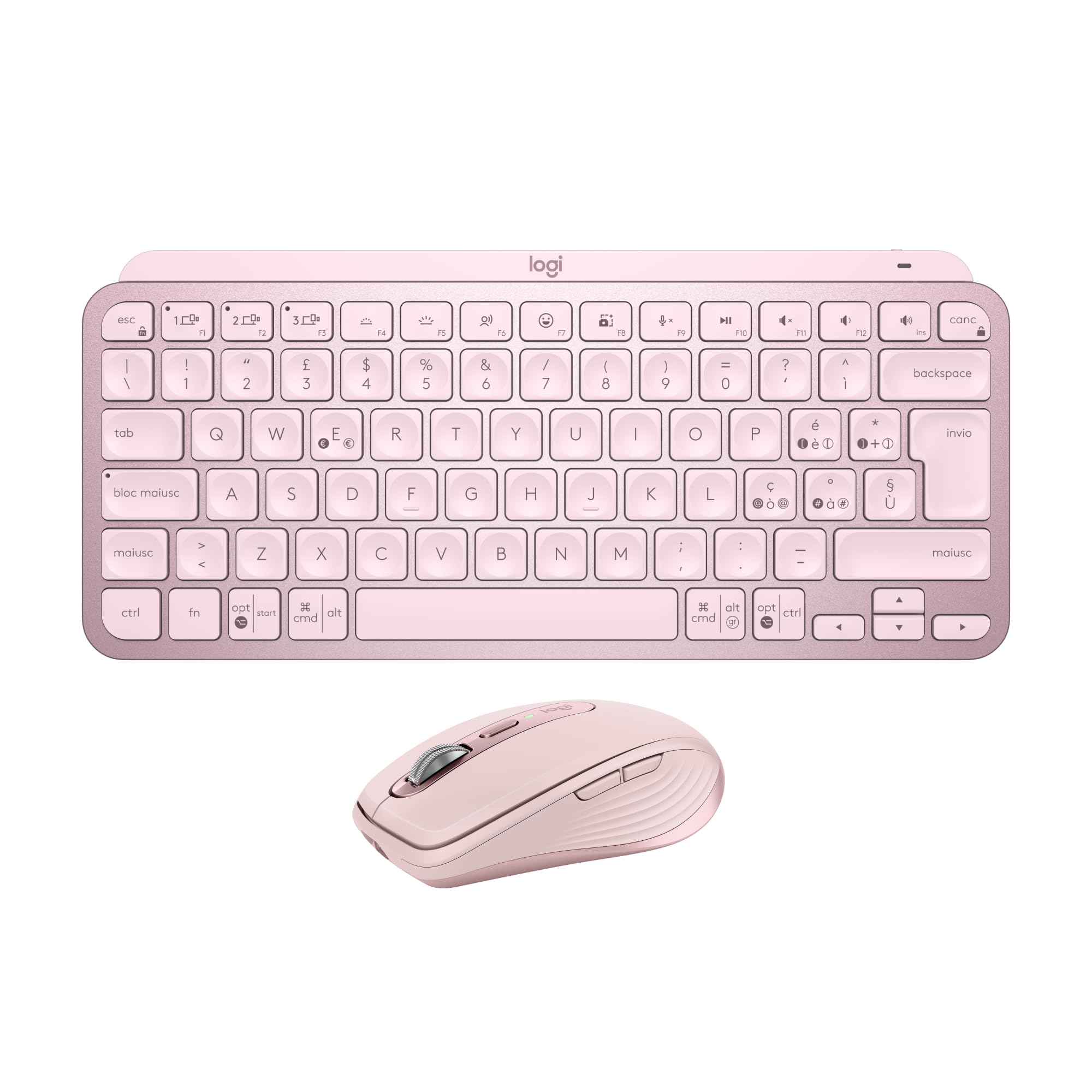 Logitech MX Keys Mini + MX Anywhere 3S, Tastiera e mouse wireless: digitazione fluida, tasti retroilluminati, scorrimento rapido, USB-C, Bluetooth, per più Sistemi Operativi, Italiano QWERTY, Rosa Rosa + Tastiera