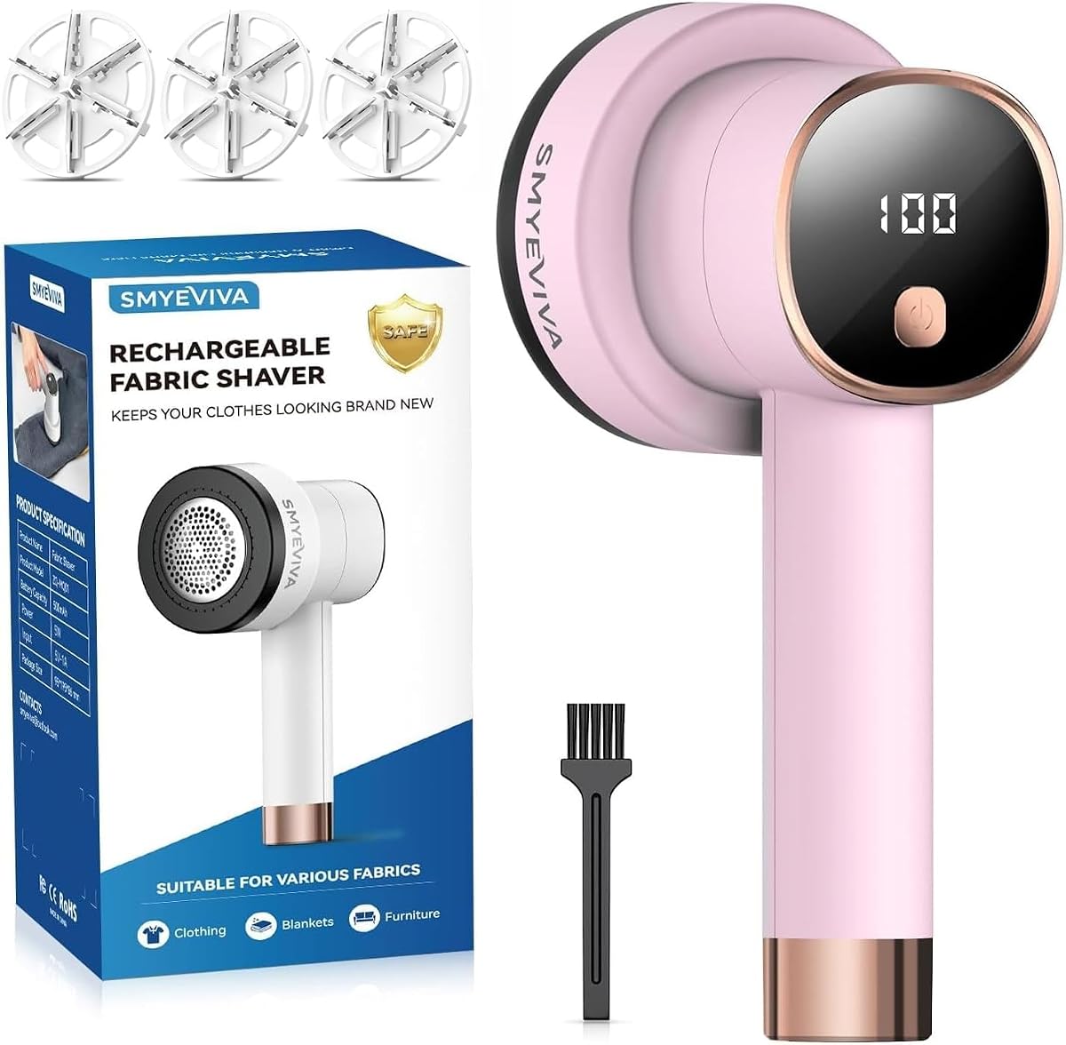 Rechargeable Fabric Shaver, 6-Leaf Blades, LED Display, 3 Speeds | Portable Lint Remover Easy to Remove Pilling, Fuzz & Lint Balls from Clothes, Sweater, Couch, Blanket, Furniture, Coat, Pink