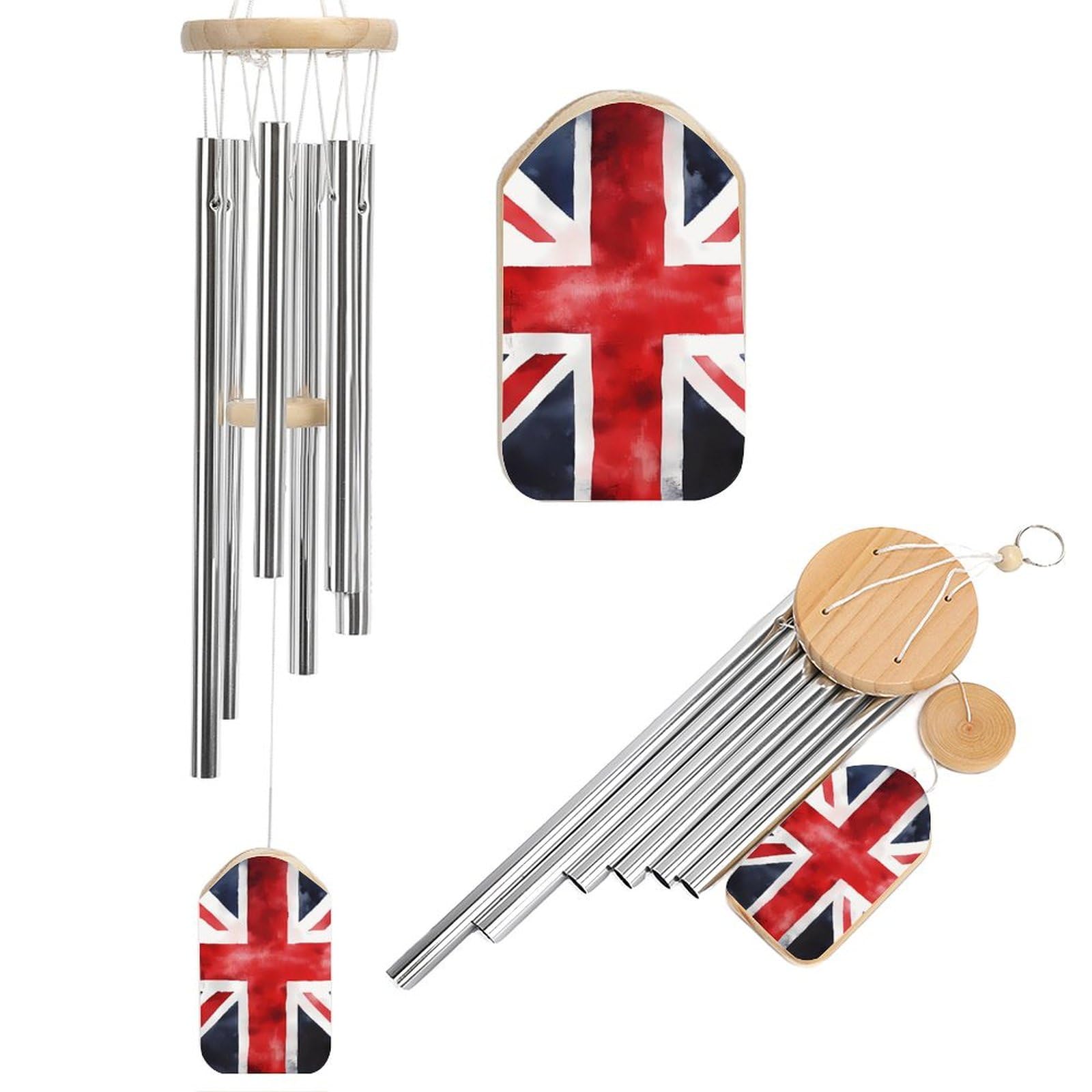 Union Jack British UK Flag Watercolor Wind Chimes Garden Wooden Windchimes for Outdoor Indoor Backyard Home Decor 50cm
