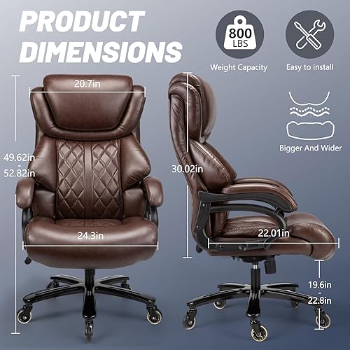 Silla de oficina grande y alta de 800 libras, silla ejecutiva de computadora con respaldo alto para personas pesadas con soporte lumbar ajustable y