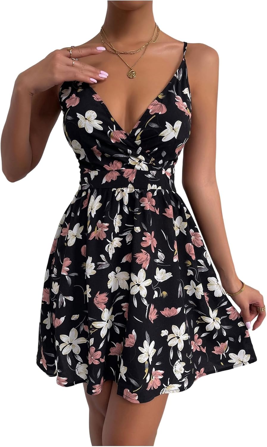 SweatyRocks Women's Summer Ditsy Floral Print Flared Dresses V-Neck A Line Short Cami Dress