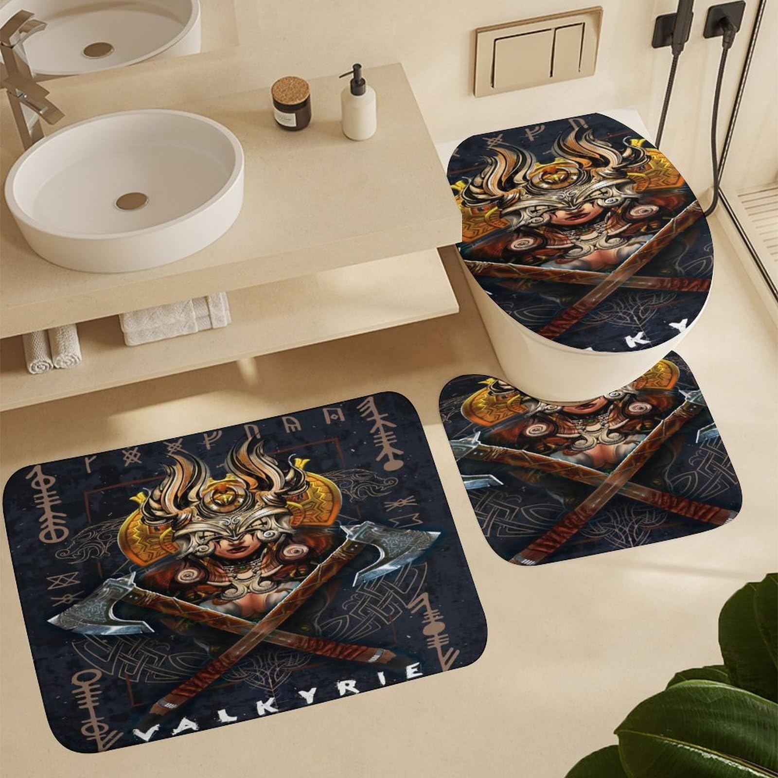 LDZDGD 4PCS Norse Viking Shower Curtain Set, Celtic Pagan Bathroom Art Decor, Waterproof Shower Curtain, Non-Slip Rugs, Toilet Lid Cover and Bath Mat (Color : Valkyrie, Size : 183 x 183CM): Valkyrie 28.3"W x 28.3"L (Pack of 1)