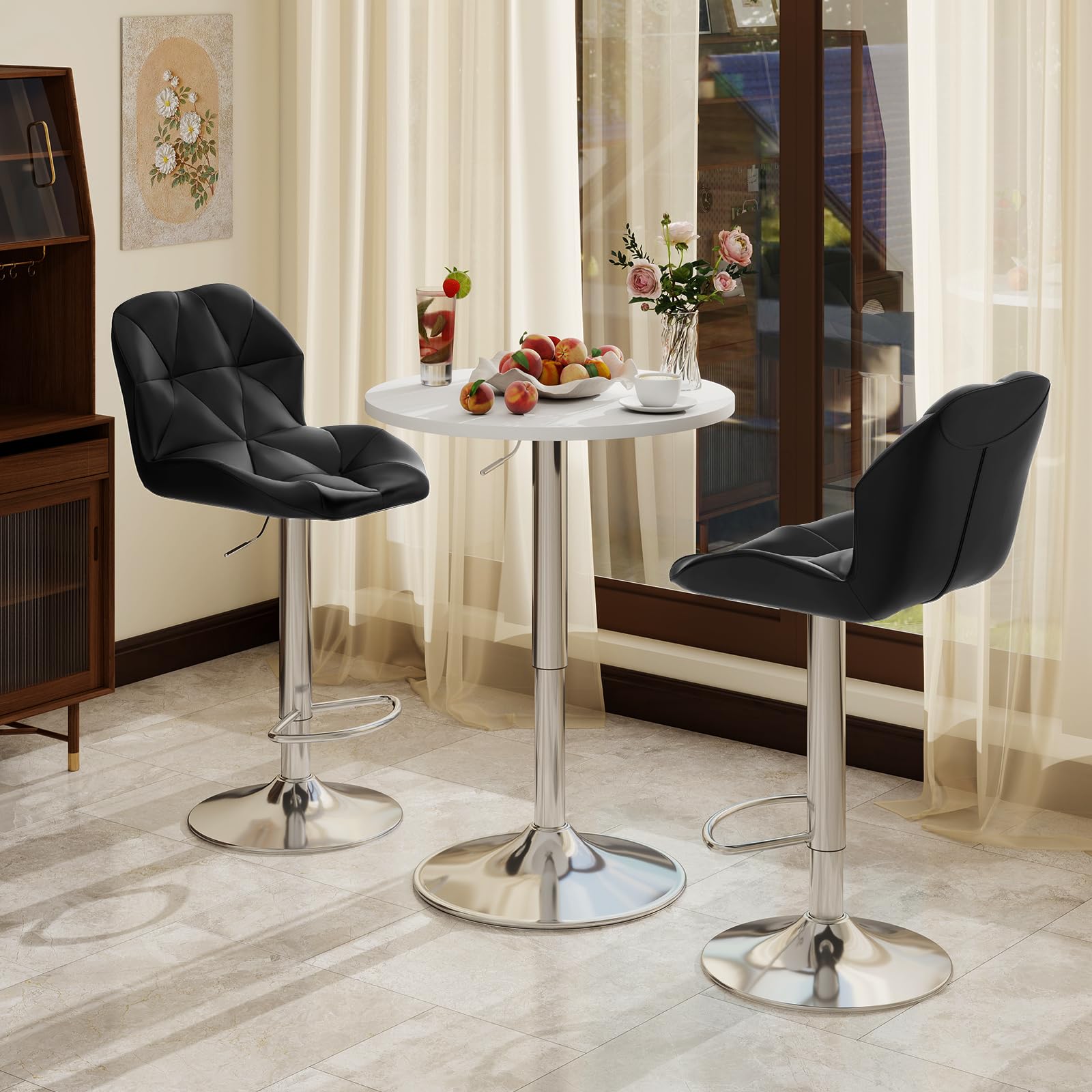 ARTETHYS Bar Table and Chairs Set of 3 White Height Adjustable Round Pub Desk and 2 Black Swivel Counter Height Barstools for Dining Room Home Kitchen