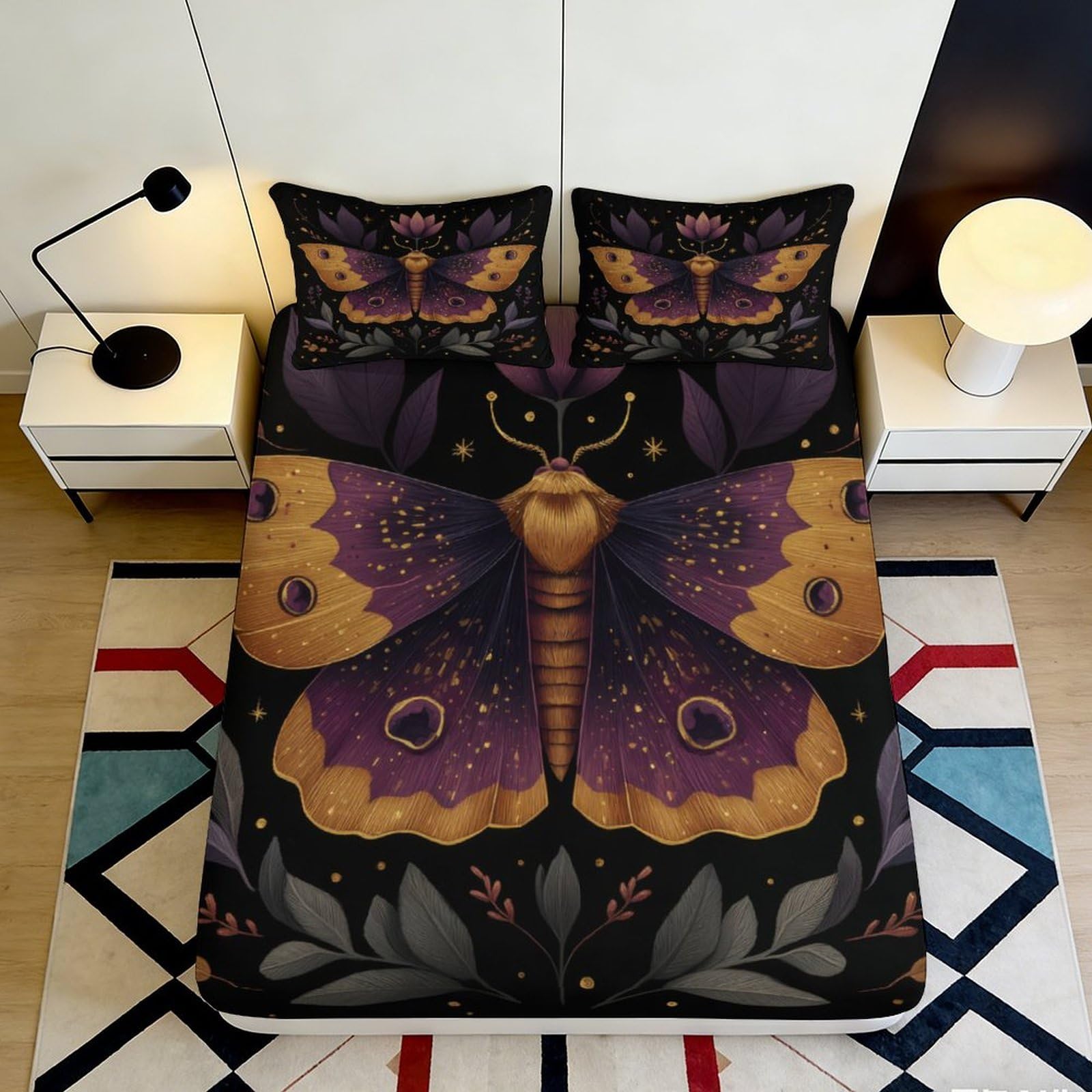 Jqzkxnhpbr Style-9 3D Printed Moth Butterfly Fitted Sheet Microfiber Soft Black Purple Insect Bed Cover For Bedroom Guestroom Mattress Decor 90X200x25cm