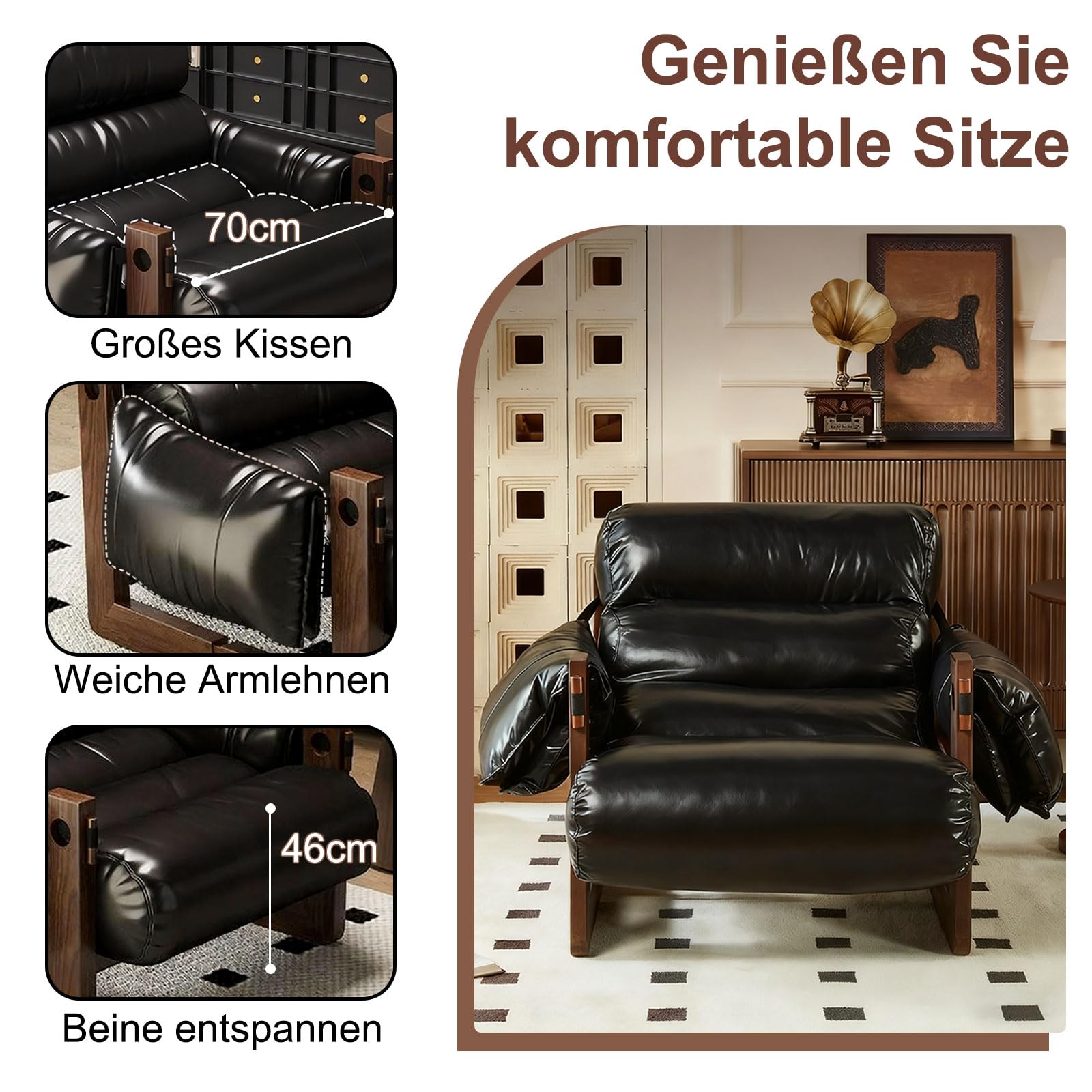 Mid-Century Retro Loungesessel, Ölwachsleder Gepolsterter Relaxsessel mit Massivholzrahmen, Ergonomischer Einzelsofa mit Armlehnen, Bequemer Lazy Sofa Sessel fürs Wohnzimmer Schlafzimmer Schwarz 120kg