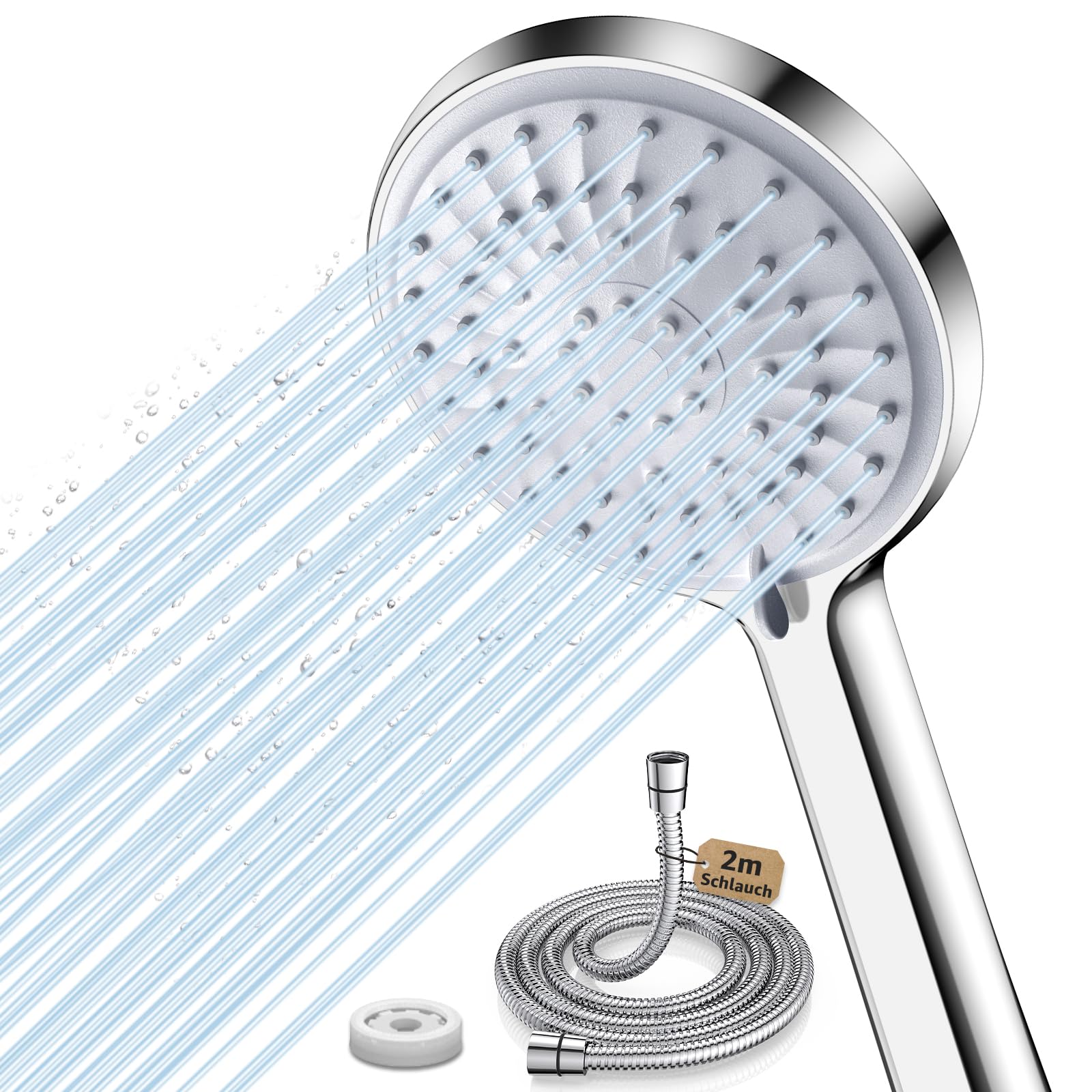 FASDUNT Duschkopf Wassersparend 【Wasserersparnis 49%】𝟱 Strahlarten mit 𝟮M Premium Schlauch aus Edelstahl & 9.5L/min Durchflussbegrenzer Hochdruck Duschbrause Wasserdrucks Erhöhung 200%