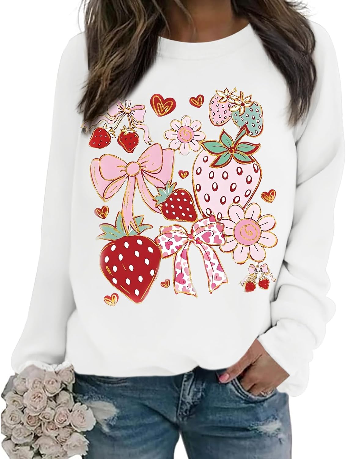 KEEVICI Cute Bow Strawberry Floral Sweatshirt Women Flower Kawaii Aesthetic Hoodie Graphic Sweatshirts Cotton Pullover