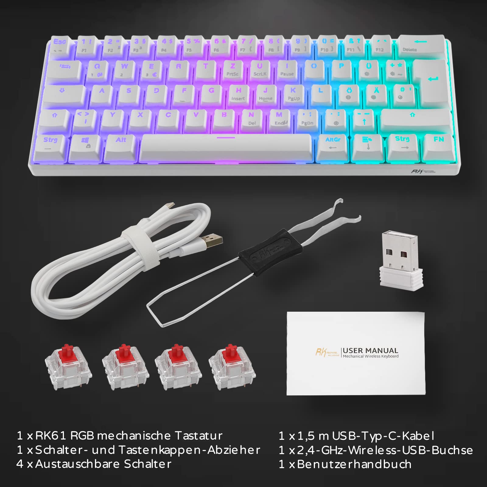 RK61 Mechanische Gaming-Tastatur, 2,4 GHz Kabellose/Bluetooth/Verkabelte 60% Mechanische Tastatur 61 Tasten, Hot-Swap-fähiger Roter Schalter mit RGB Kompatibel für Win/Mac, Weiß (QWERTZ)