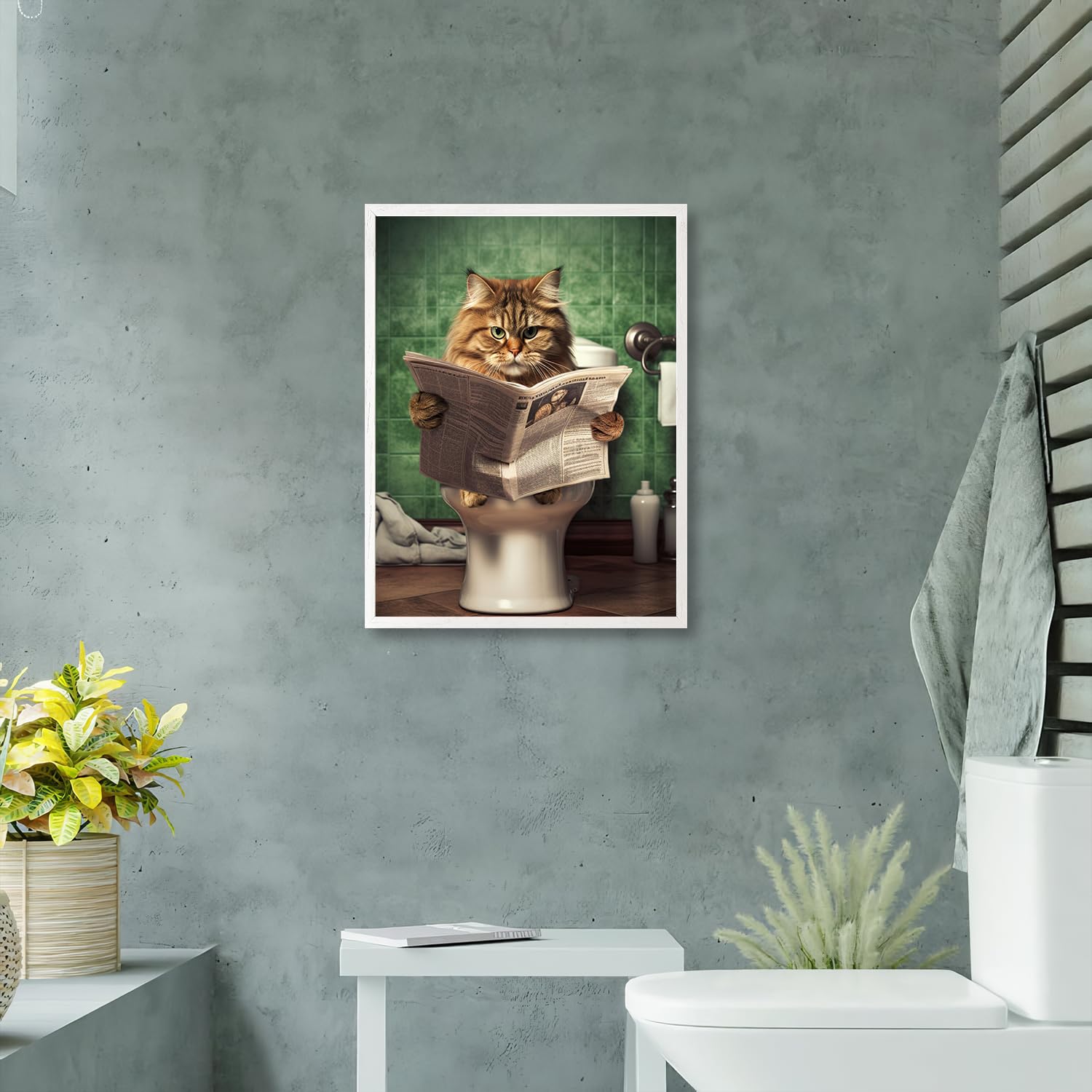 Quadro Su Tela Per Bagno 30x40 Cm - Gatto Divertente In Bianco E Nero Su Water, Decorazione Murale Con Cornice Inclusa