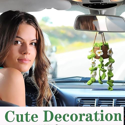 Miniatura 5 de Adorno colgante para automóvil, bonita planta de ganchillo para espejo retrovisor, decoración colgante de espejo hecho a mano, accesorios interiores