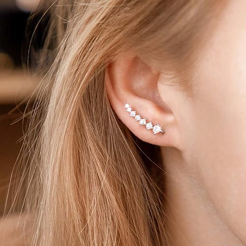 Miniatura 3 de 925 Sterling Silver Ear Cuffs Sparkling 7 Crystals Ear Crawler Earrings Cubic Zirconia Climber Cartilage Ear Wrap Hypoallergenic Earring for Women