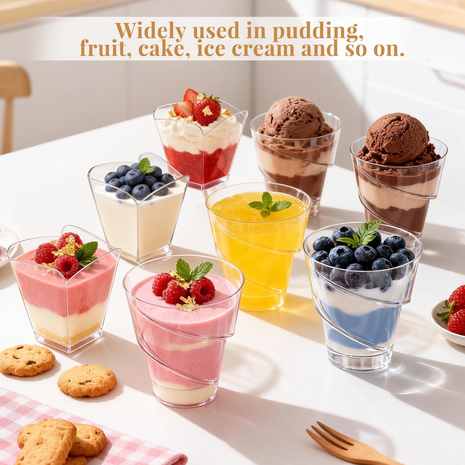100 bicchieri da dessert in plastica, 160 ml, con cucchiaio, 2 diversi disegni, riutilizzabili, per gelati, mousse, budini, feste, compleanni, matrimoni