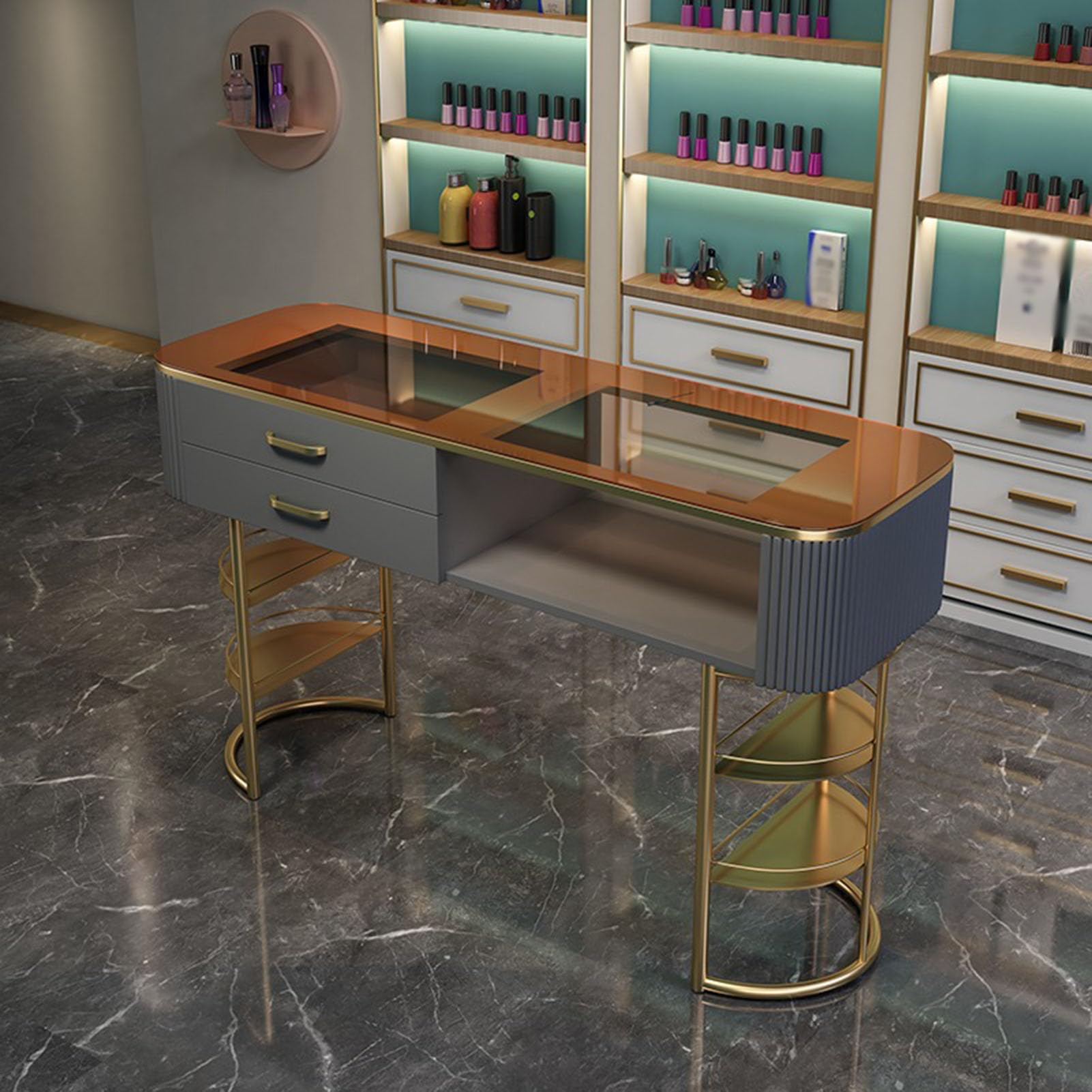 Nagelstudio-Arbeitsplatz Aus Holz, Moderner Arbeitsplatz Für Professionelle Nageldesigner, Salon-Ausstattung Mit Schubladen Und Zwei Ablagefächern(120 cm Quadrat, Grau)