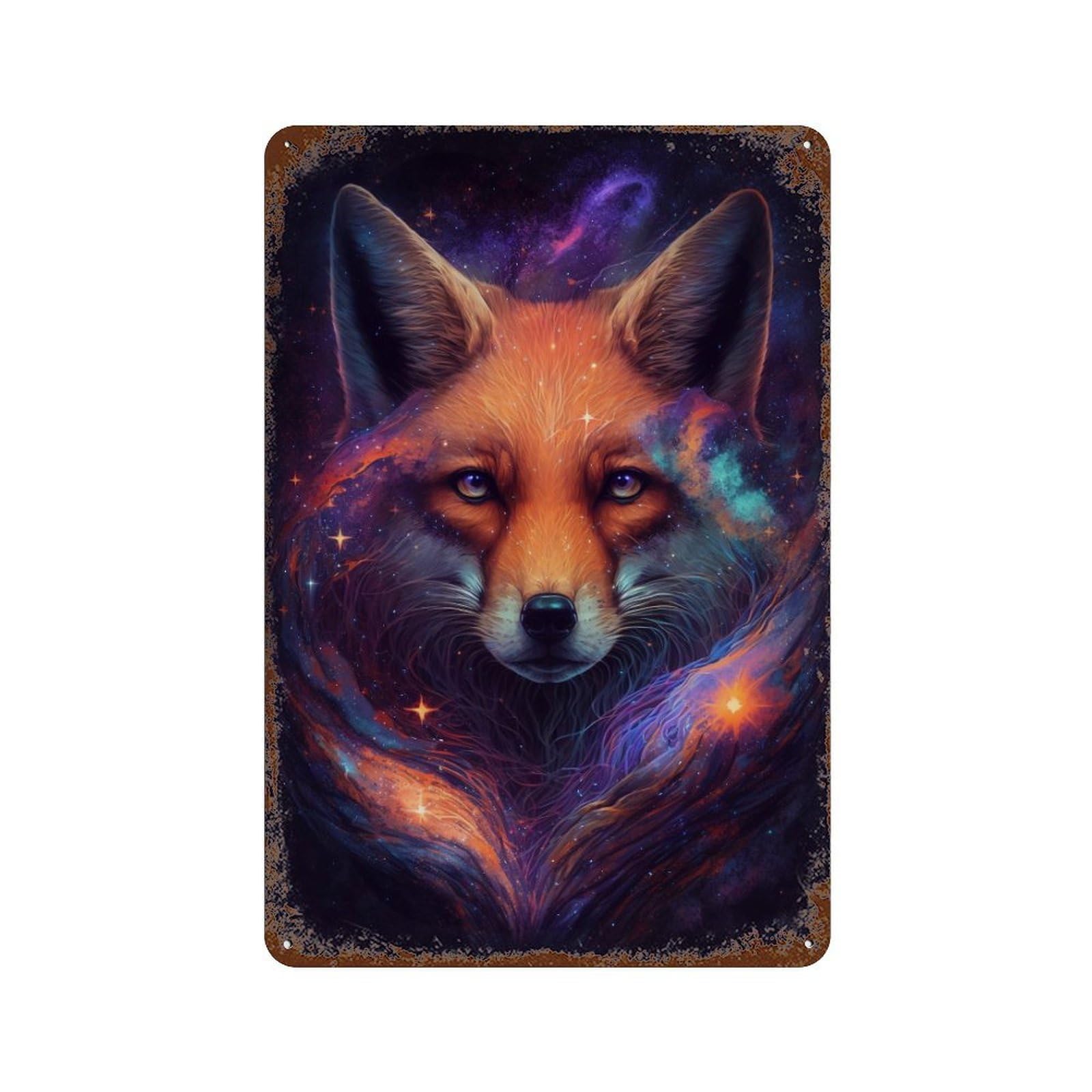 Garage Style Cosmic Fox Art Print-18 Vintage Rust Metal Sign 11.8"x7.9", Novelty Wall Decor for Bar And Workshop