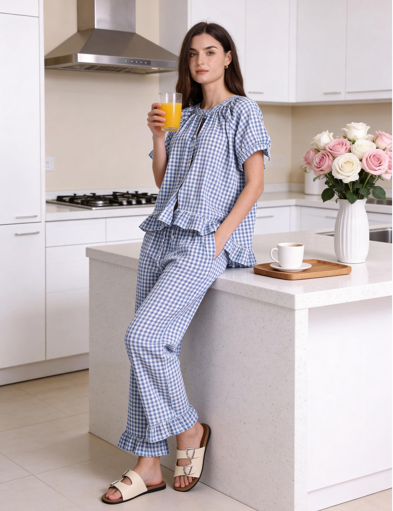 PEHMEA Conjunto de pijama de algodón a cuadros de 2 piezas para mujer, manga corta, babydoll, pantalones con volantes, pijama de descanso Y2K, linda ropa de dormir