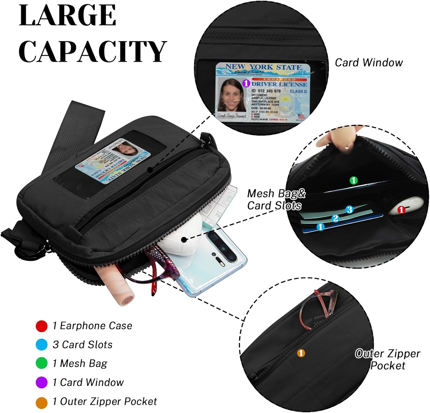 LJCZKA Wristlet Wallets for Women RFID Nylon Quilted Wallet with 3 Zipper Purse for Credit Card Holder Cellphone Organizer (Black) - Image 5