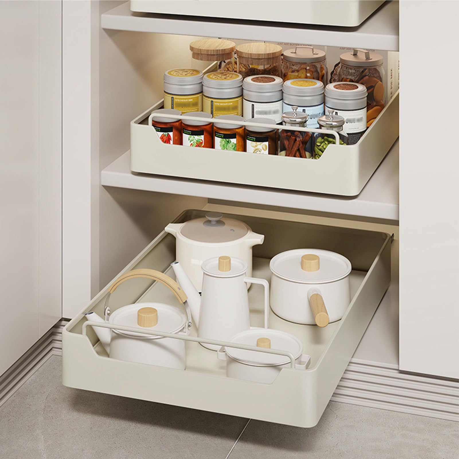 Ausziehbare Schublade Küche zum Kleben, 53 * 35 * 7cm | Teleskopschublade Küchenschrank Organizer Ausziehbar Kein Bohren und Nageln Erforderlich Es kann 15 kg wiegen