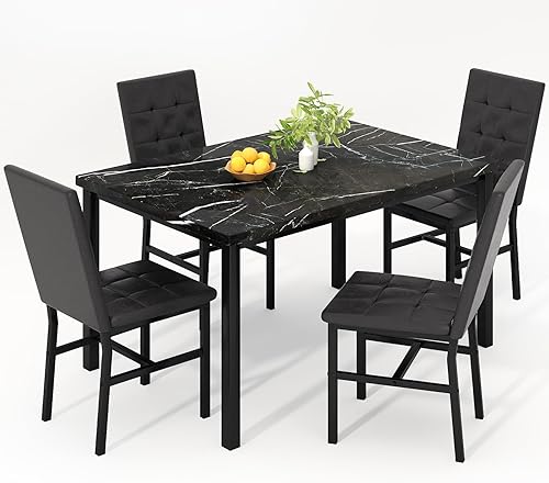 Hooseng Juego de mesa de cocina de 5 piezas, juego de mesa de comedor de mármol, 4 sillas, juego de mesa de comedor para cocina, sala de estar,