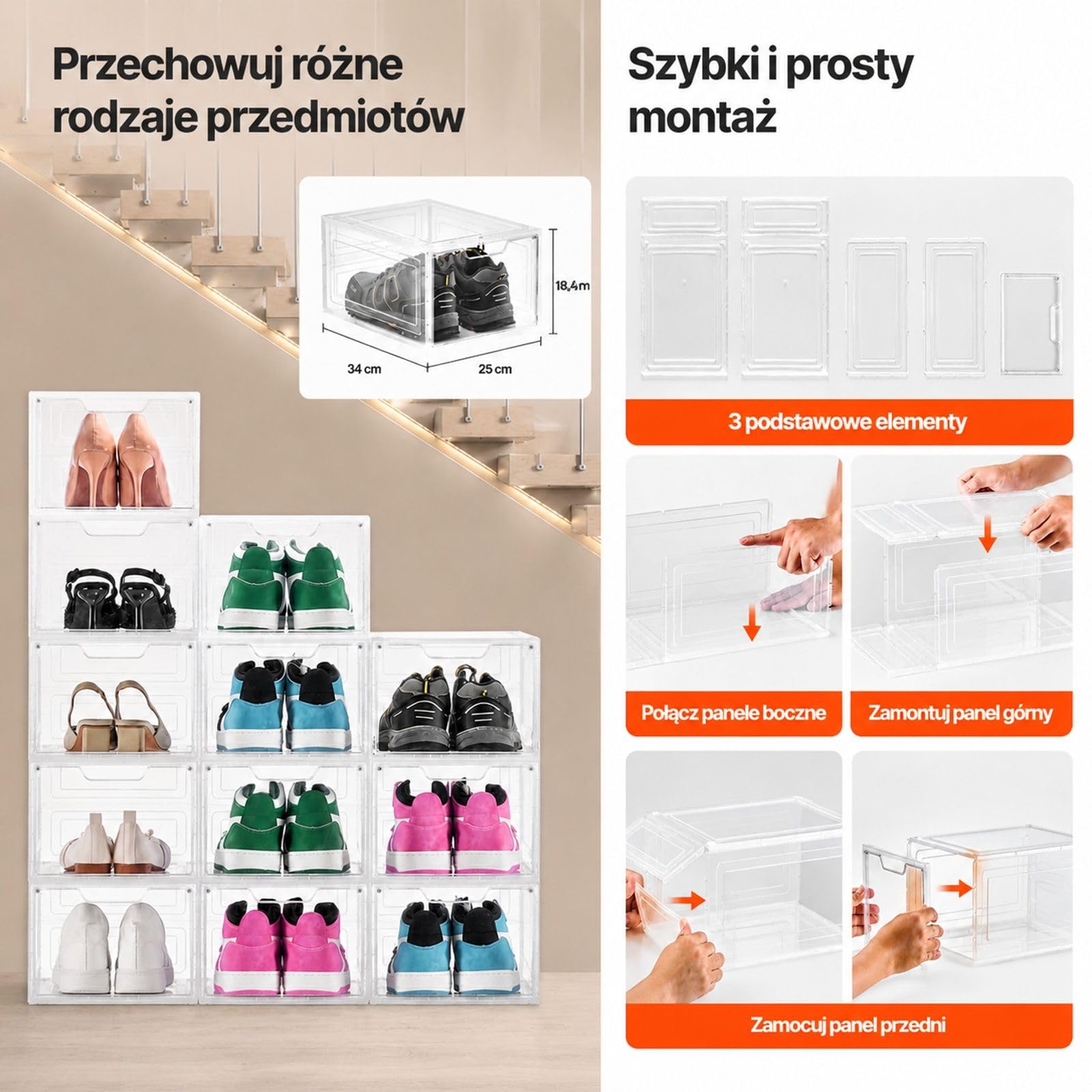 12 układanych pudełek na buty przezroczyste białe, organizer PP/PET z drzwiczkami magnetycznymi dla rozmiaru US 13, obcasy kozaki kapelusze