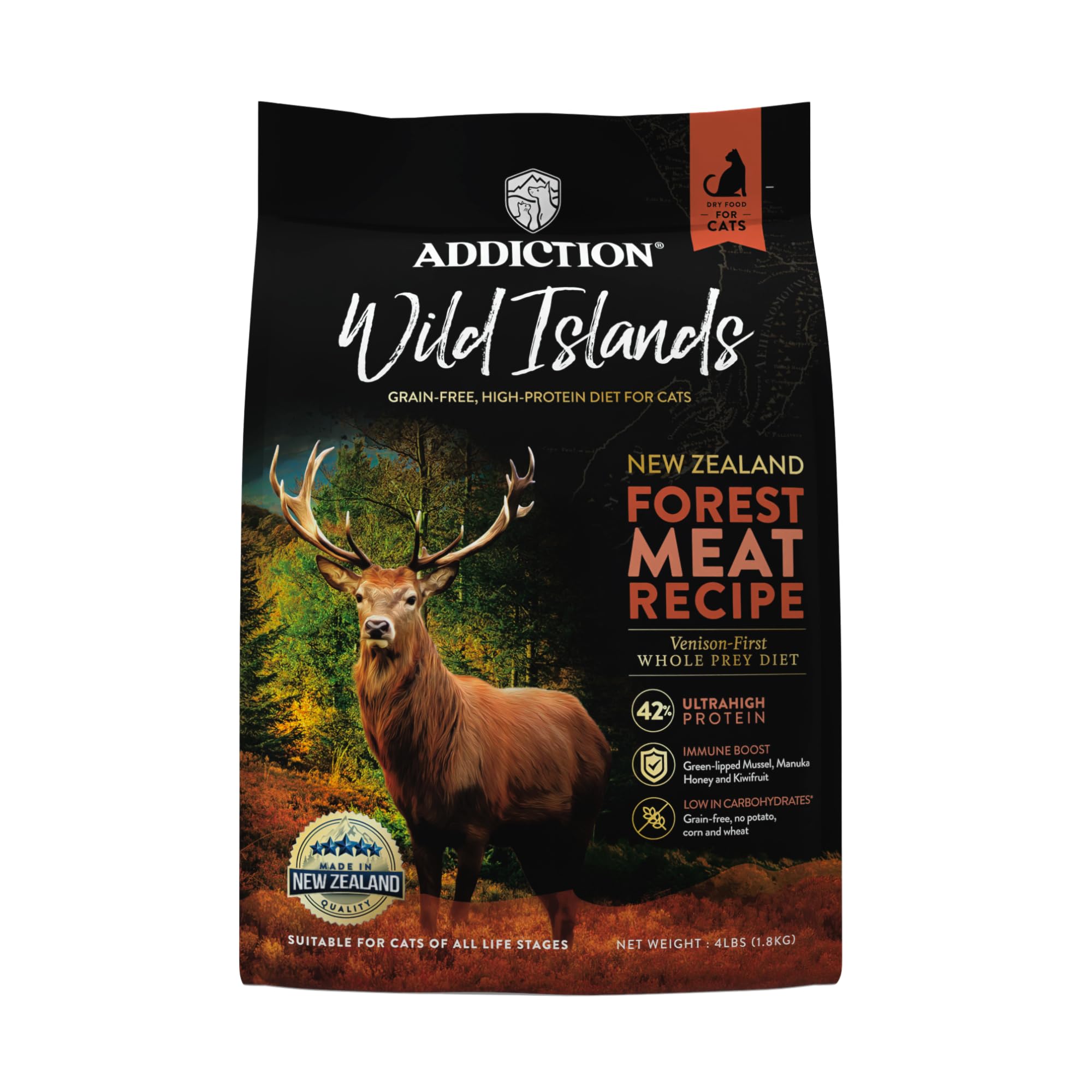 Addiction Wild Islands Forest Meat Dry Cat Food, Premium Venison Recipe with High-Protein & Grain-Free Formula for Primal Cat Nutrition - 4lbs