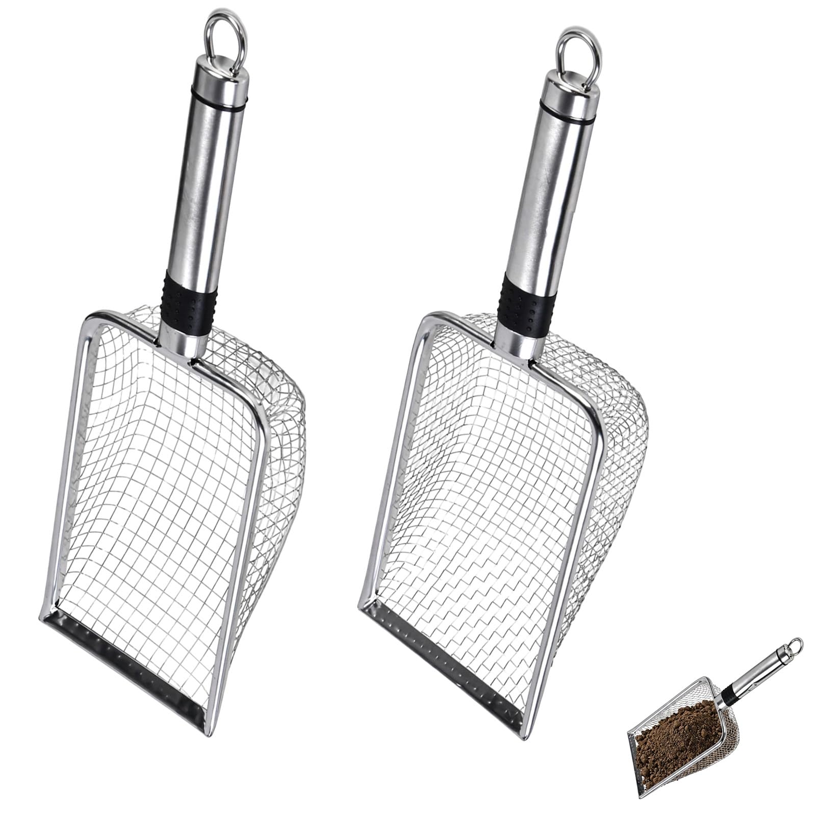 Solvio 2Pcs Stainless Steel Garden Soil Sifter Set - 3.8mm & 5mm Mesh Garden Riddle for Soil, Sand, Rocks and Compost - Ergonomic Handle Sieve Trowel for Gardening, Cat Litter and Reptile Sand
