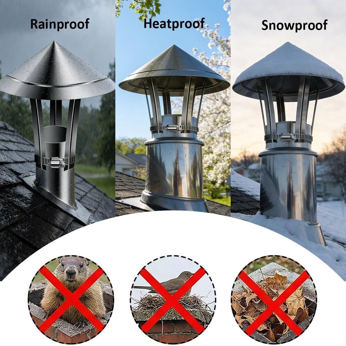 Stainless Steel Chimney Cap Stove Pipe Cap with Outside Round Cone Top Chimney Rain Caps Roof Exhaust Vent Cover Adjustable Fireplace Flue Cowl Weatherproof Outside Cover(230mm/9in)