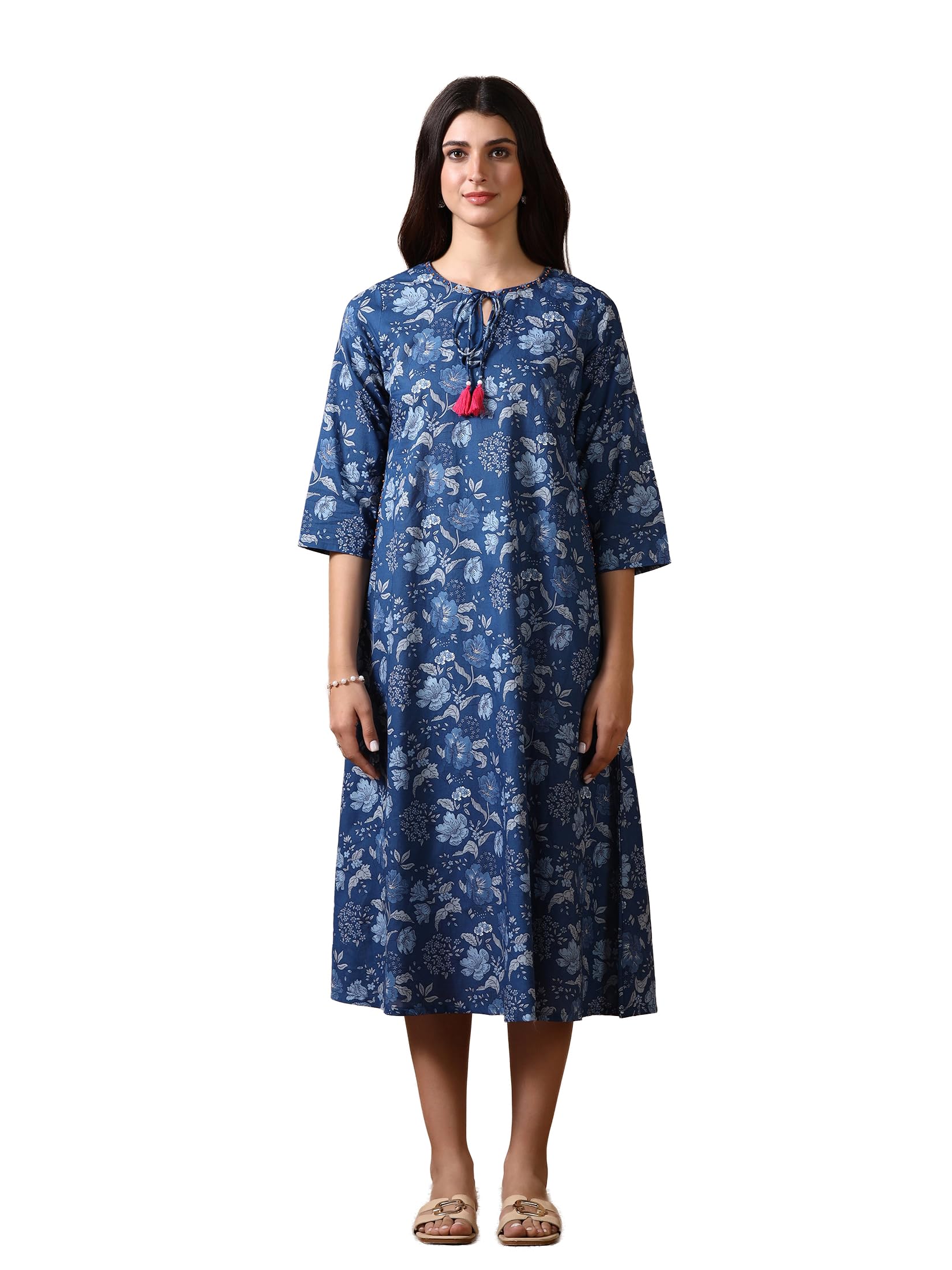 Shree Women Cotton Blue Floral Print Dress-image-1