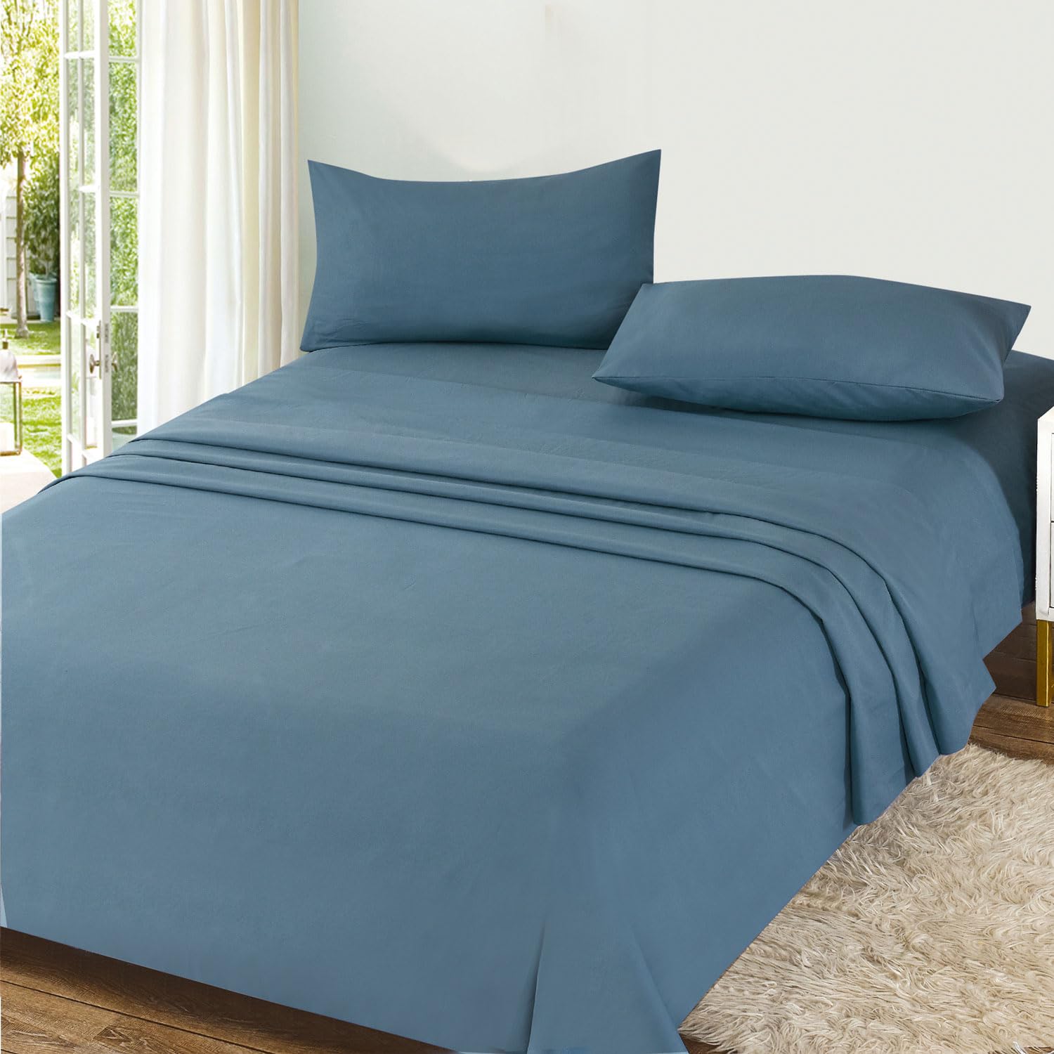 Meteorwi Home - Juego de Sábanas 4 Piezas para Cama 150x190/200 Incluye Sábana Bajera Ajustable de 25cm Profundo - Encimera - 2 Fundas de Almohada Suave y Transpirable (Azul, 150CM)