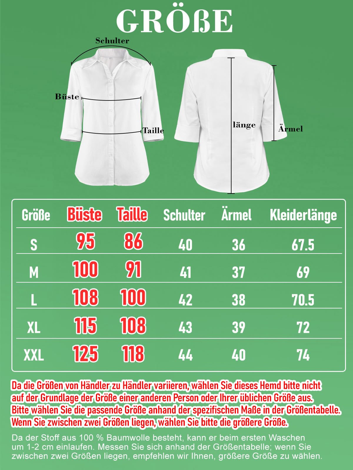 Bluse Damen 3/4 Ärmel Hemdbluse 100% Baumwolle Blusen Damen Sommer V-Ausschnitt Business Blusen Weiße