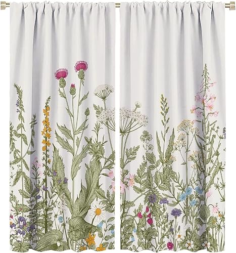 Miniatura 381 de Retro 70s Floral Blackout Window Curtains, Watercolor Flower Plant Rustic Modern Style Pattern Window Drapes, for Bedroom Living Room 42x45in 2
