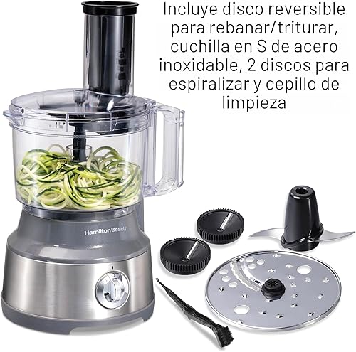 Vista 2 de Hamilton Beach - Procesador de alimentos y picador de verduras para cortar, rayar, picar, hacer puré y espiralizar, 10 tazas, plata Espiralizante