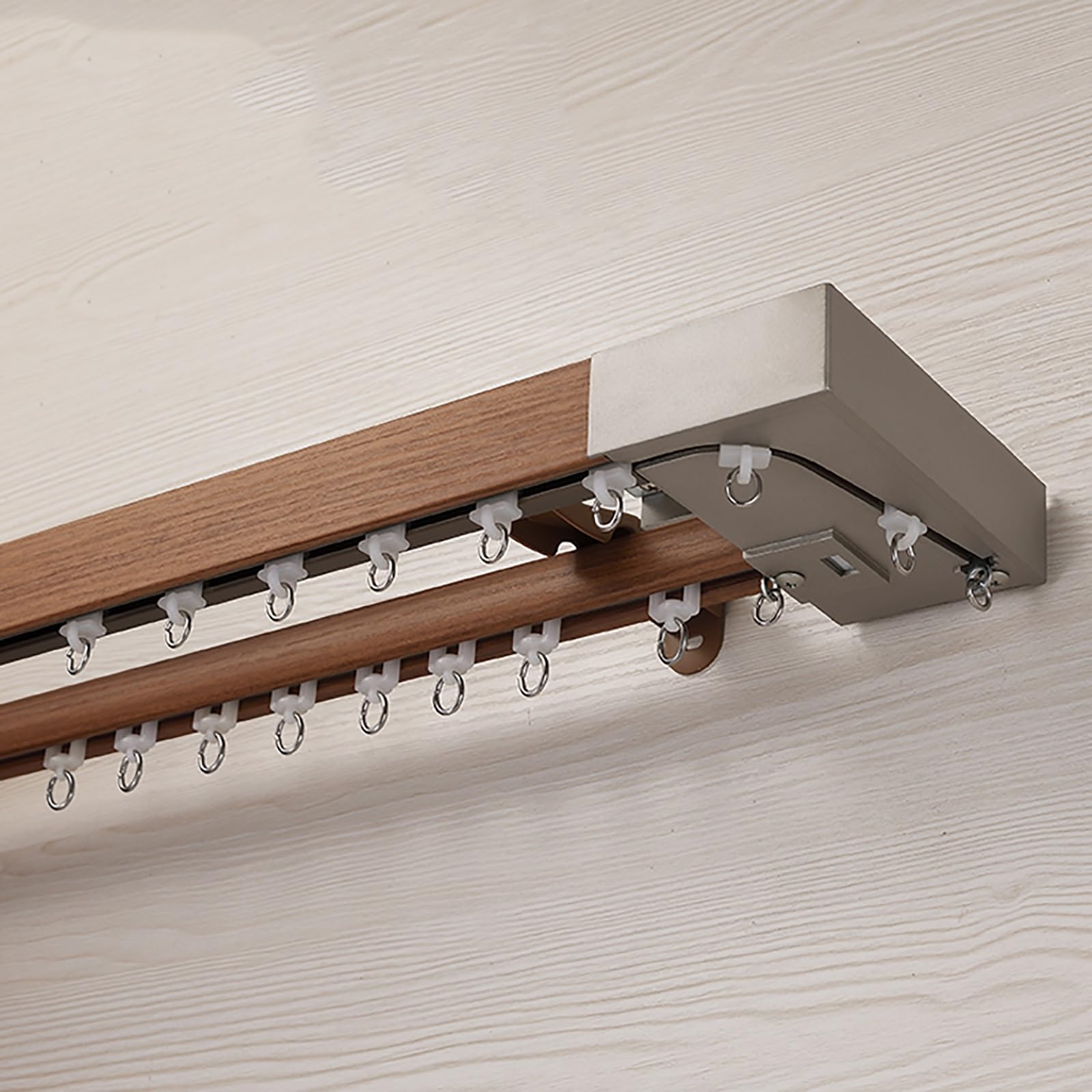 Wall Mounted Curtain Rail,Silent Curtain Track;imitation Wood Grain Curtain Box Track Side Mounted Slider Aluminum Alloy Straight Rail Single and Double Pulley Curtain Rod(B-Double Track,7.22ft/220cm)
