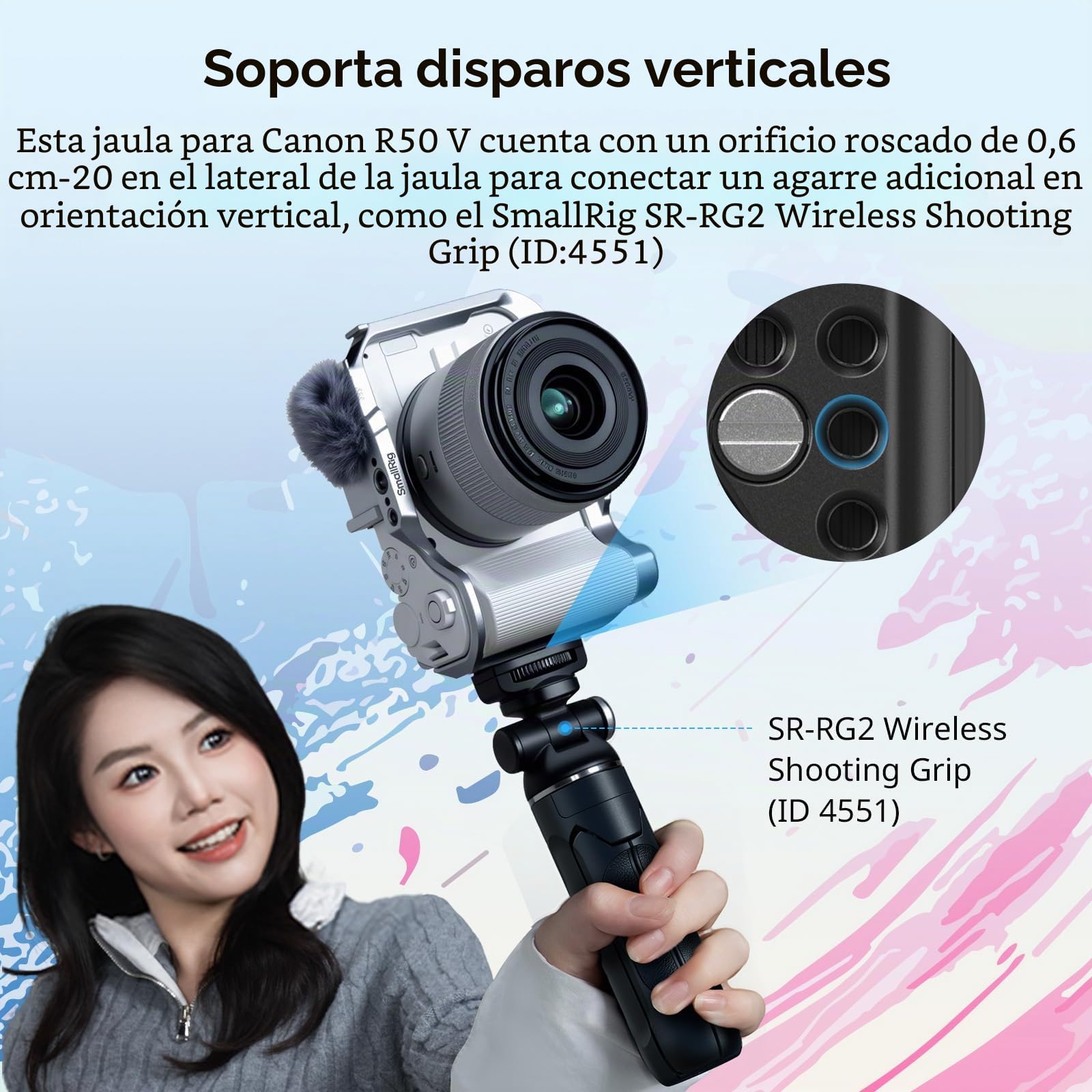SMALLRIG Jaula para Cámara Canon R50V - Empuñadura Ergonómica de Silicona, Placa QR Arca, Roscas 1/4"-20 y 3/8"-16 (ARRI), Zapata Fría, QD y Disparo Vertical (Plateado) - 5428