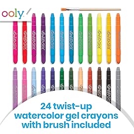 Ooly Smooth Stix Gel Crayons for Kids and Adults with Paint Brush - Set of 24 Watercolor Rainbow Crayons for Glass and Paper with Case, Twist-Up Gel Crayon Set, Kids Stocking Stuffers