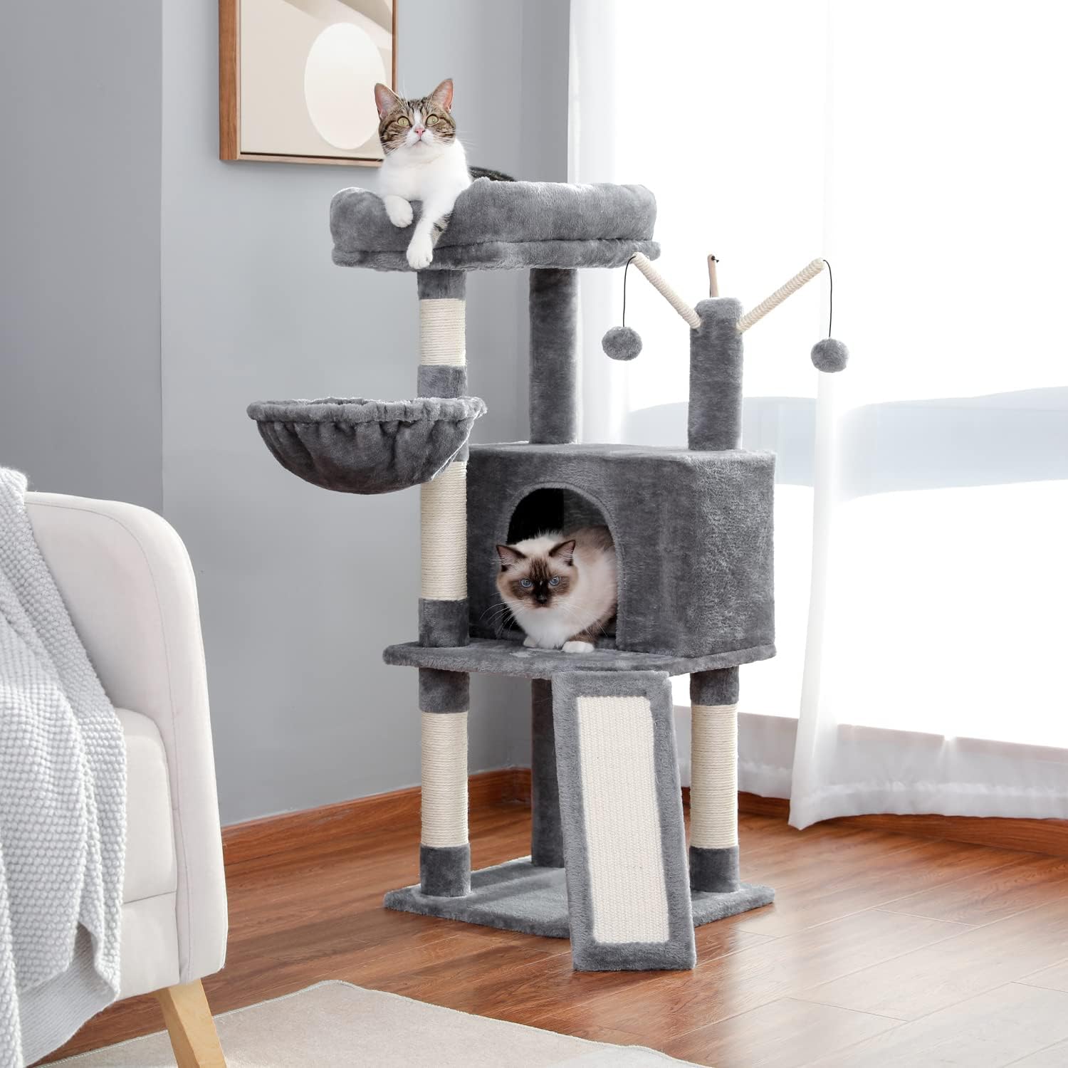 MUTTROS Cat Tree, Multi-Level Cat Tower for Indoor Cats, Cat Climbing Tree Condo with Sisal Covered Scratching Posts, Deep Hammock and Interactive Cat Toy, Gray