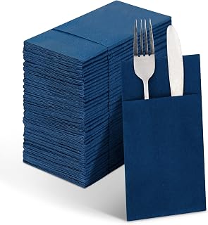 Linen-Feel Navy Blue Paper Napkins with Built-in Flatware Pocket