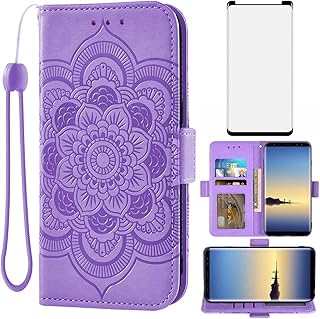 Asuwish Compatible with Samsung Galaxy Note 8 Wallet Case and Tempered Glass Screen Protector Leather Flip Credit Card Holder Cell Phone Cover for Glaxay Note8 Not S8 Galaxies Gaxaly Women Men Purple