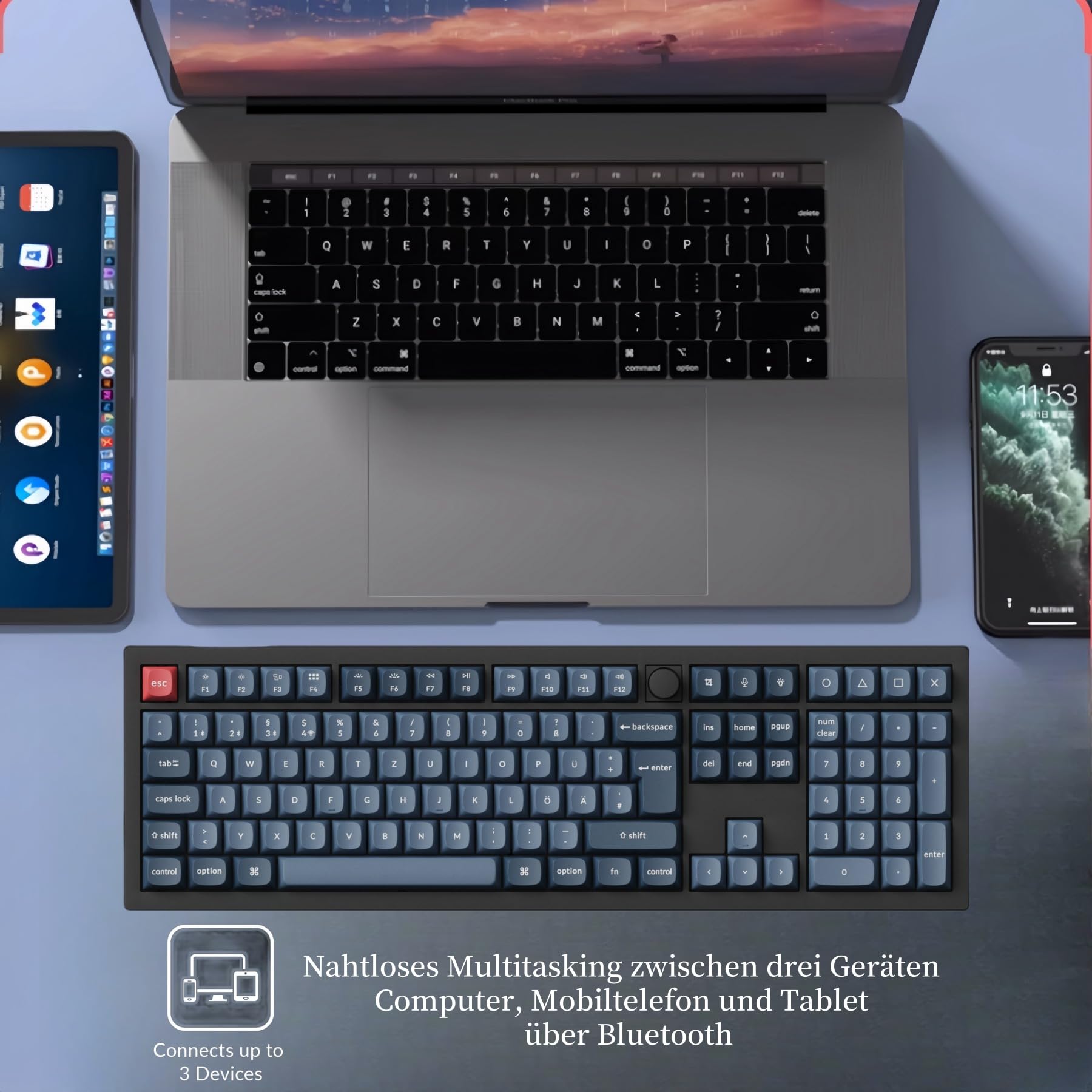 Keychron V6 Max Kabellose QMK Custom Mechanische Tastatur, 2.4 GHz/Bluetooth Full-Size DE-ISO Layout RGB Hot-Swappable Gateron Brauner Switch Kompatibel mit Mac Windows Linux