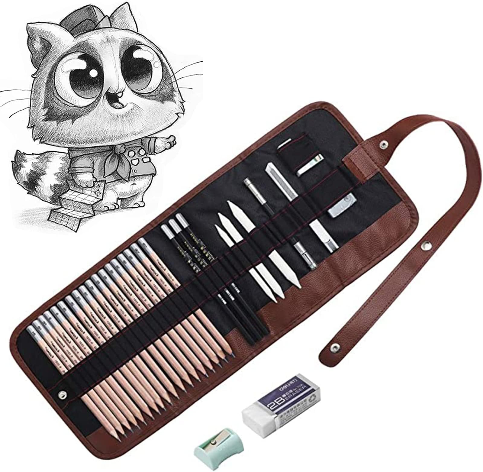 Nicpro 58 PCS Kit De Fournitures De Dessin D'art Dans étui En Cuir