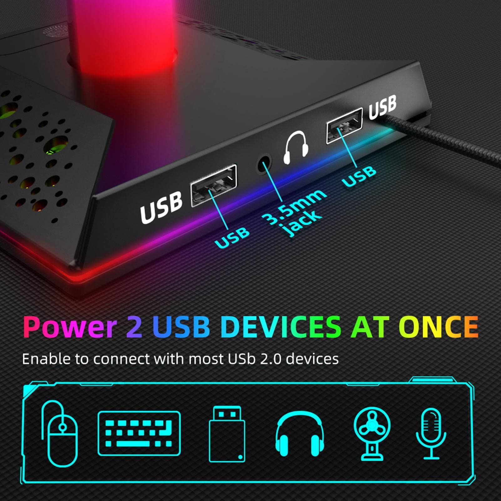 2 x supporto universale per cuffie RGB 3,5 mm, resistente per scrivania, PC, laptop