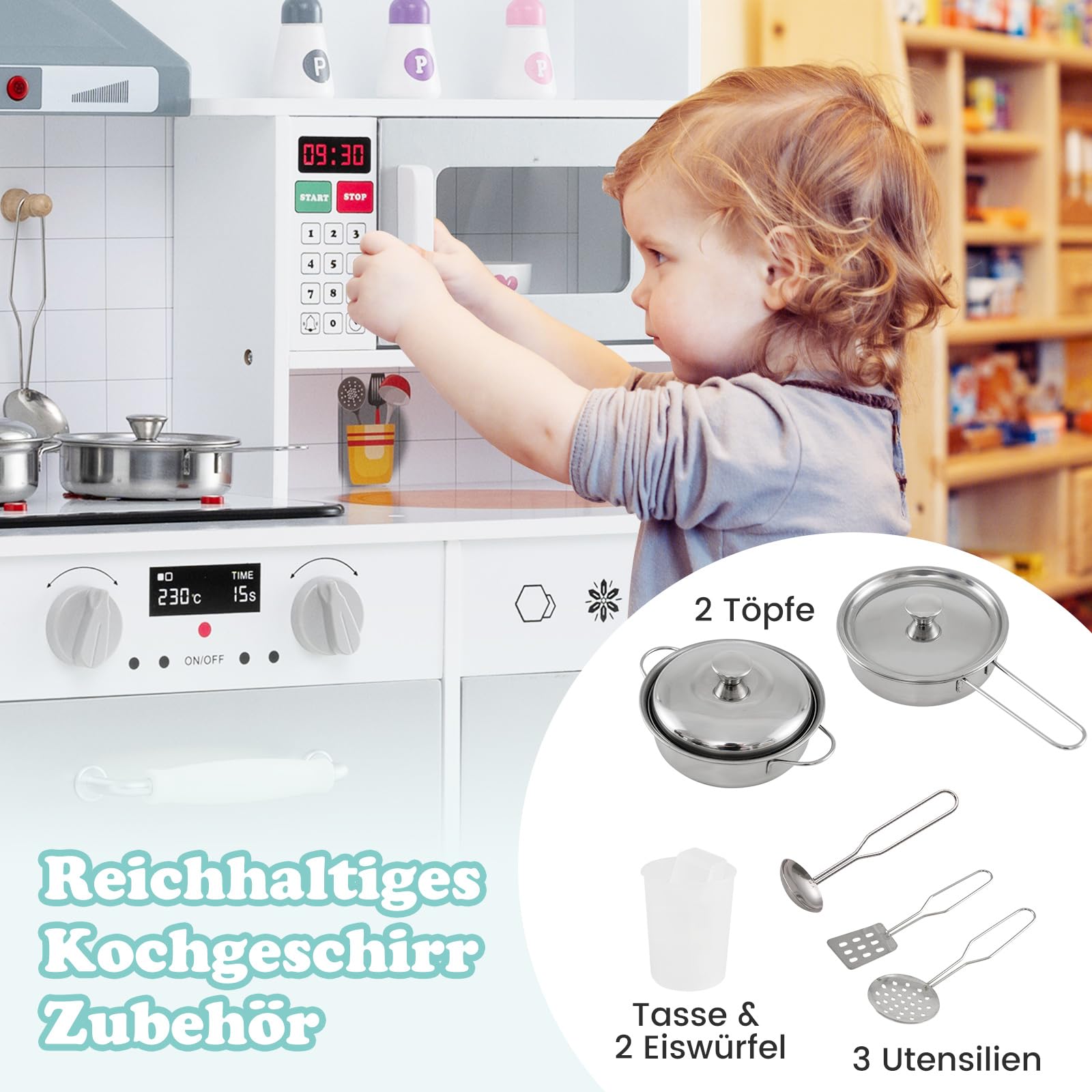 COSTWAY Kinderkeuken Met Accessoires, 3-in-1 Houten Kinderkeuken Met Koelkast Wasmachine En Magnetron Incl Fornuis Gootsteen Oven Speelkeuken Met Licht En Geluid Voor Vanaf 3 Jaar Bruin