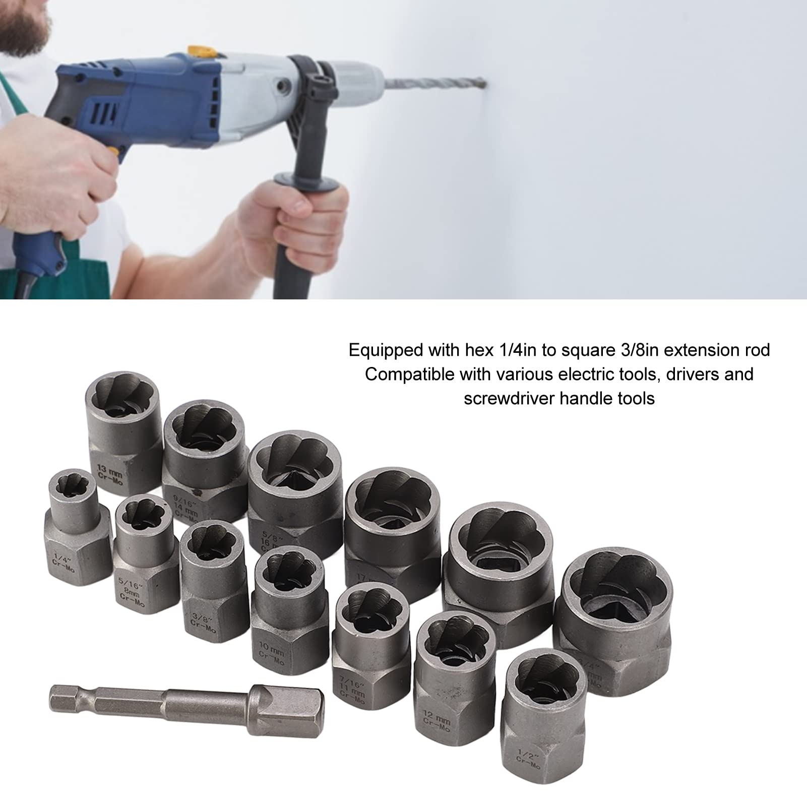 banapoy Nut Bolt Extractor Set, 14 Pcs Alloy Steel Lug Nut Removal Tool Kit with Socket Adapter Bar, Storage Case - Image 2