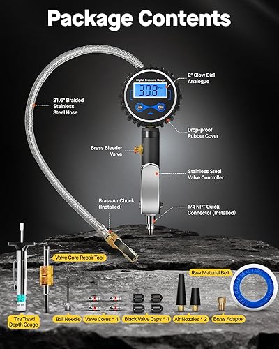 Miniatura 24 de Medidor de presión de neumáticos (0-100 PSI) de alta resistencia. Certificado ANSI. Preciso con dial grande de 2 pulgadas, con brillo fácil de leer.